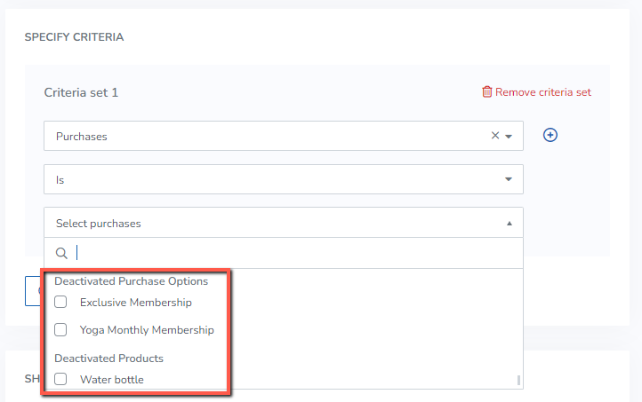 A screenshot of the updated Power Search criteria to allow you filter for deactivated Purchase Options and products.