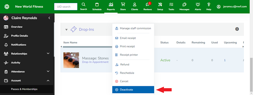 A screenshot showing the new option to deactivate a client’s unused drop-in session.