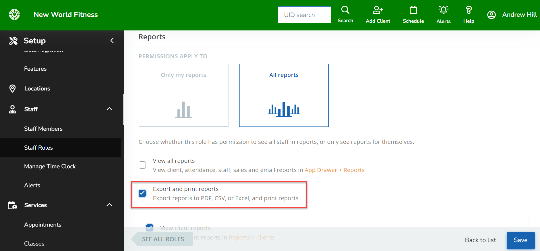 A screenshot of the new staff role permission for exporting and printing reports