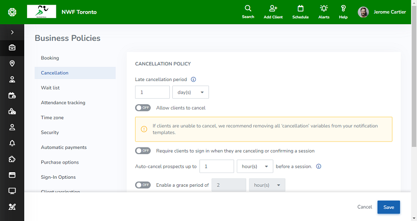 A screenshot showing the Cancellation section of the Business Policies page.