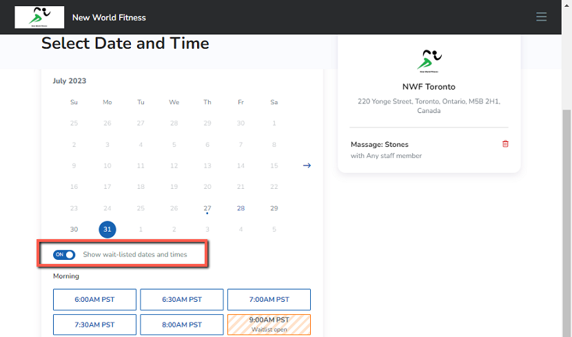 A screenshot of the appointment booking flow on the Client Web App with the new setting enabled and a time slot with an open waitlist.