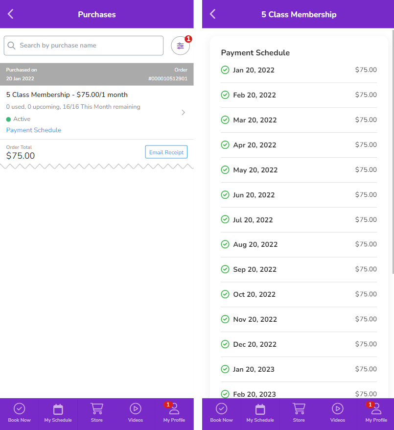 A screenshot of a client‘s Purchases screen and their membership payment schedule.