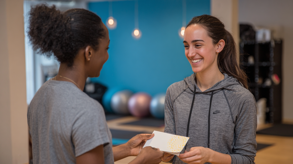 Yoga instructor hands birthday card to student