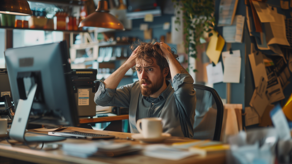 A small business owner looking frustrated at their booking system and pulling their hair.