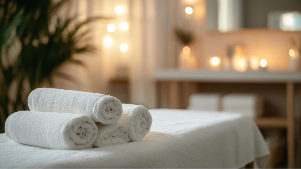 Rolled towels ready on a massage table in a busy med spa.