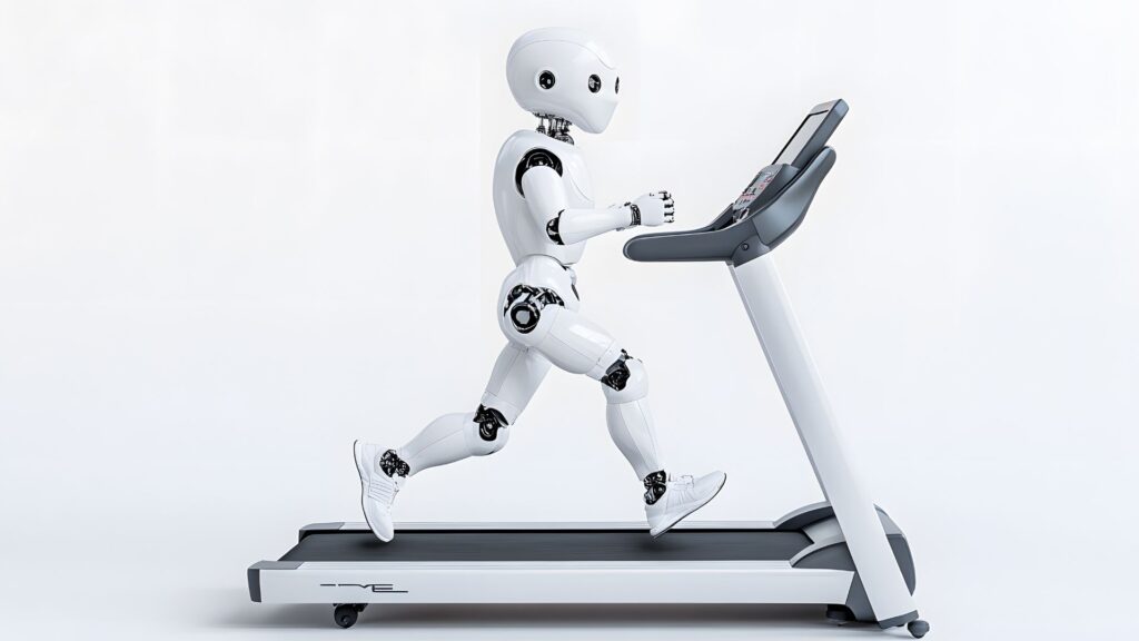 A robot running on a treadmill.