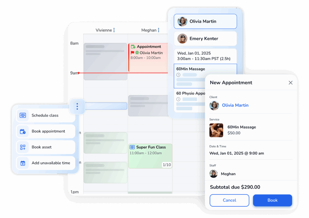 A screen shot of WellnessLiving's scheduling feature. 