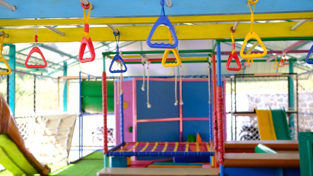 A colorful indoor playground and party space for kid's birthdays.
