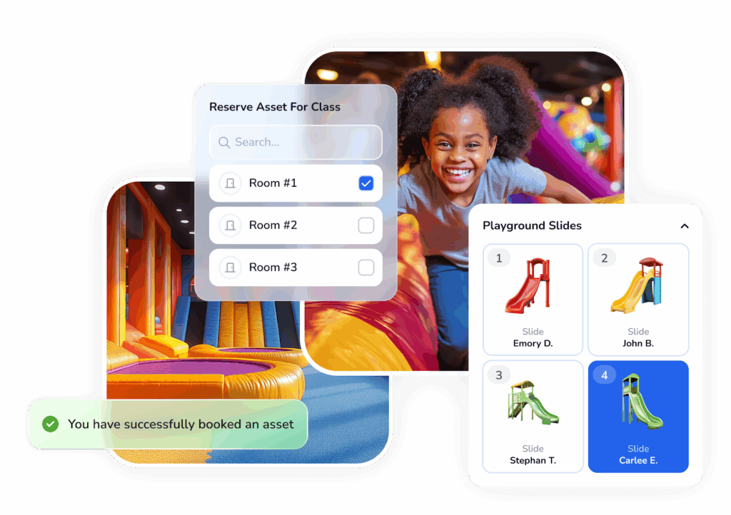 Screenshots of the WellnessLiving platform for play cafes. 