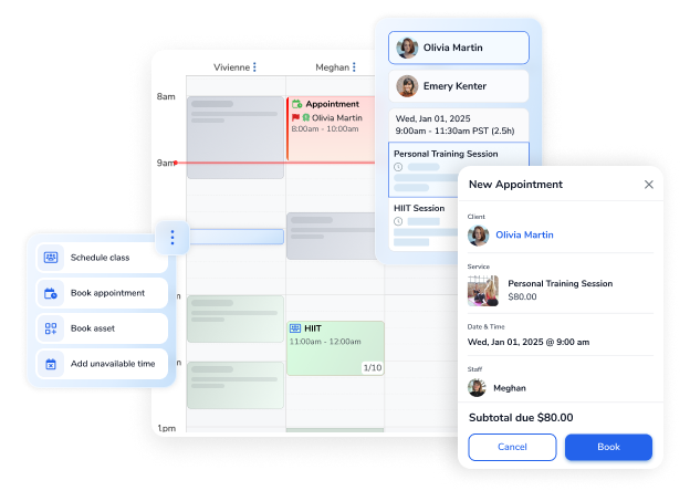 A screenshot of the WellnessLiving built front desk support for scheduling. 