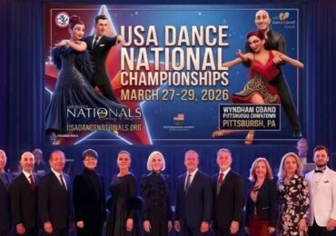 A group of dancers with DanceSport Studio, posing for a picture during a contest.