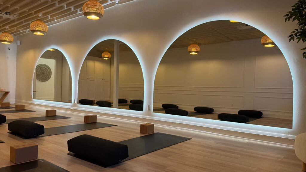 Inner Glow Studio's space with beautiful lighting and ready for a yoga class.