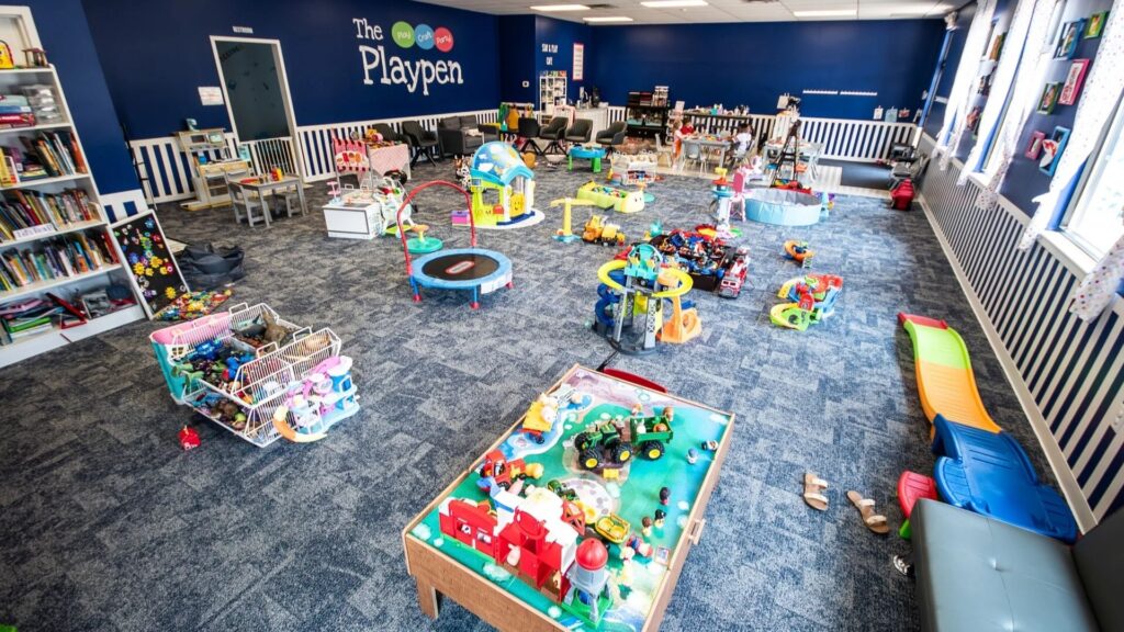 The main room of The Playpen indoor playground.