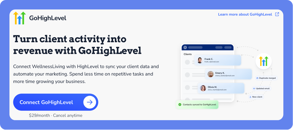 An infographic of the GoHighLevel integration with WellnessLiving.