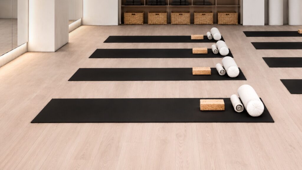 The Ember Pilates studio, with yoga mats laid out for a packed class.