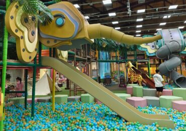 A colorful indoor playground, with slides that look like elephants.