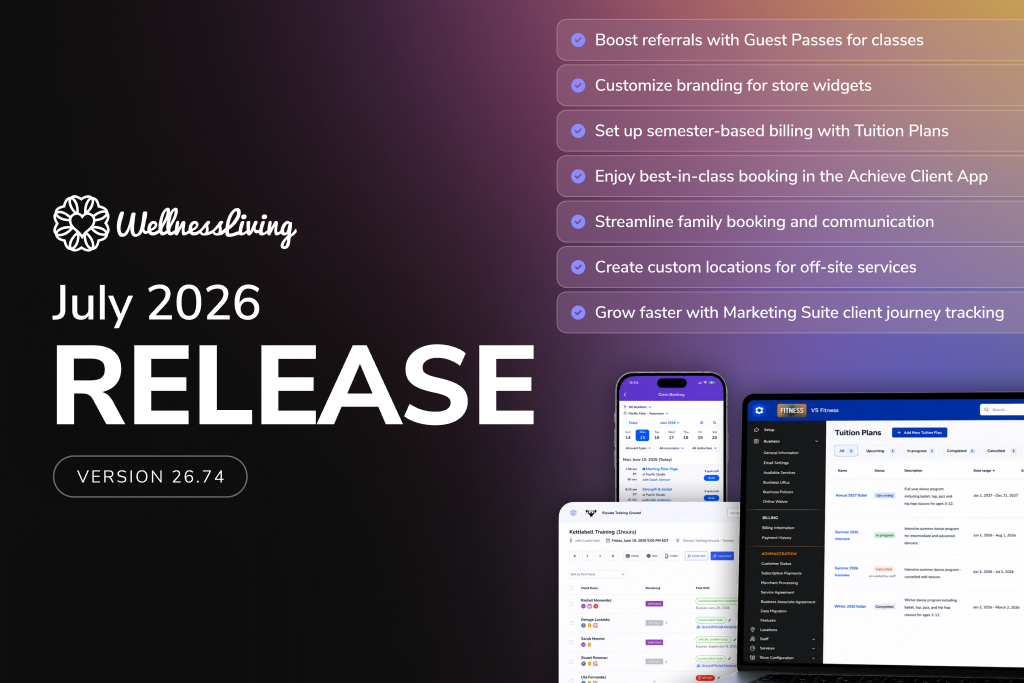 Infographic for the WellnessLiving Release Highlights: July 2026 (Version 26.74).