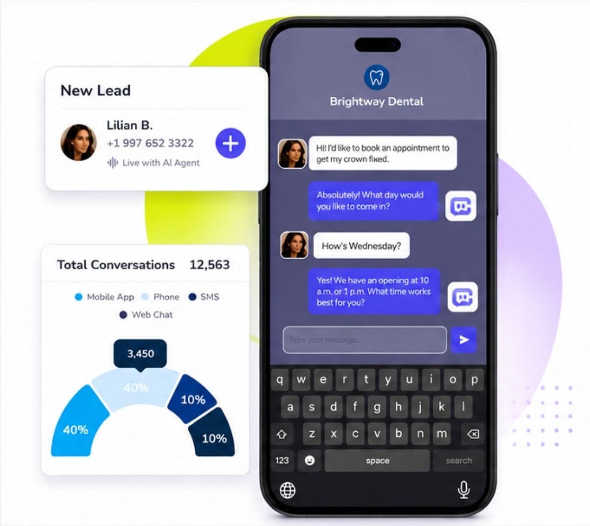 A screen shot of a conversation with CAASI AI dental agent by WellnessLiving.