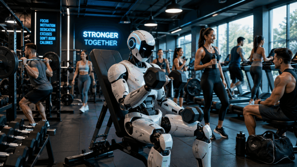 A robot working out in a busy gym with human clients.