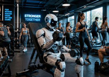 A robot working out in a busy gym with human clients.