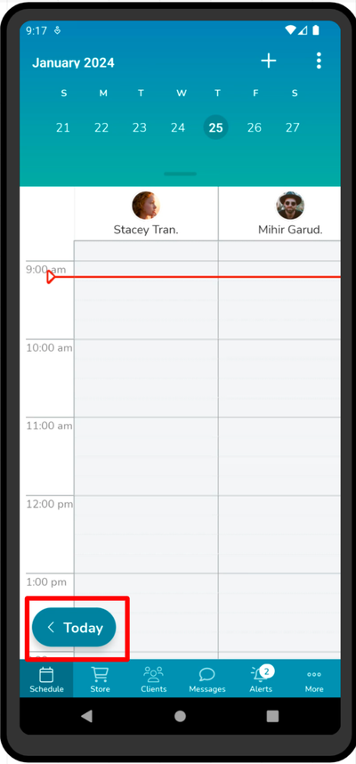 A screenshot of Today button on the schedule in the Elevate Staff App. 