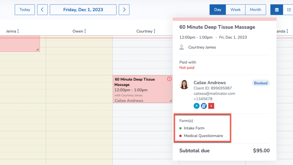 A screenshot showing the new Forms section that appears when hovering your mouse over an appointment on the schedule.