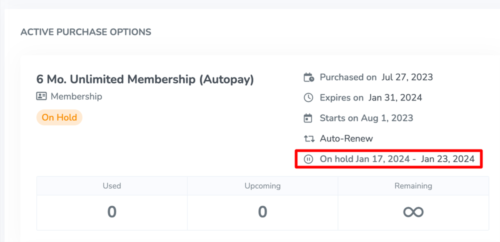 A screenshot of the active Purchase Options on the client profile showing a Purchase Option on hold.