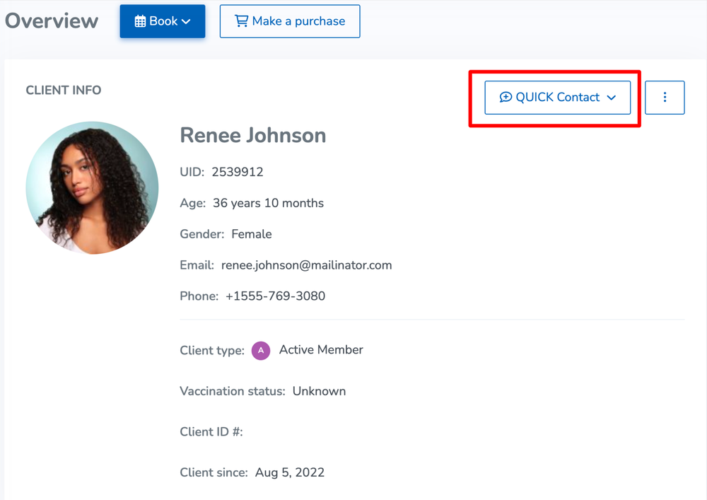 A screenshot of the QUICK Contact option on clients' profiles.