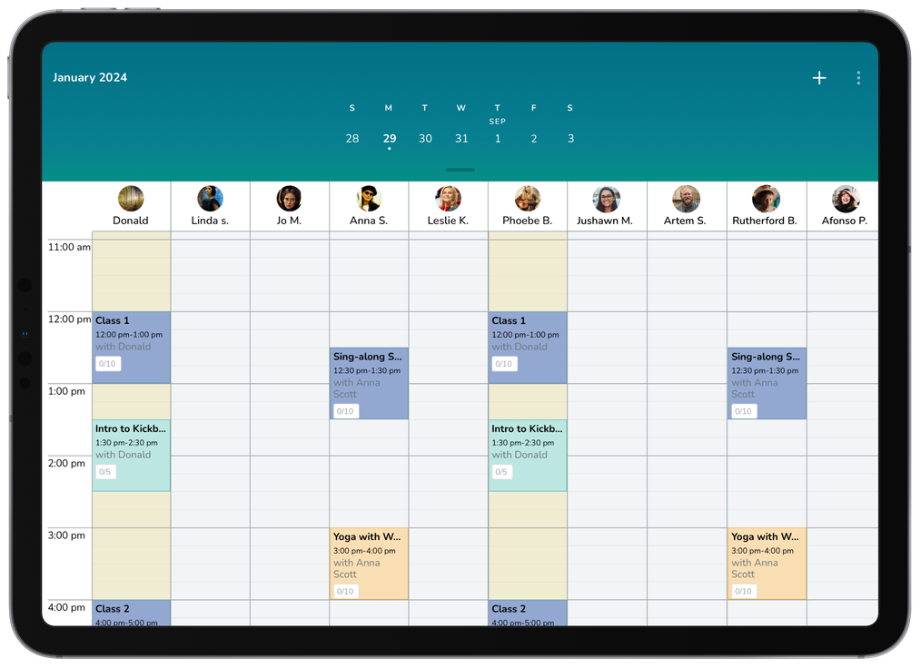 A screenshot showing the schedule on the Elevate Staff App in landscape mode.