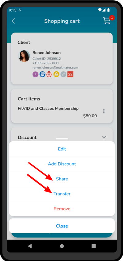 A screenshot of share or transfer Purchase Option options on the Elevate Staff App. 