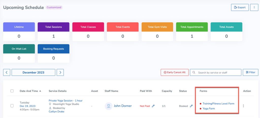 A screenshot highlighting the Forms column on a client's Upcoming Schedule page.