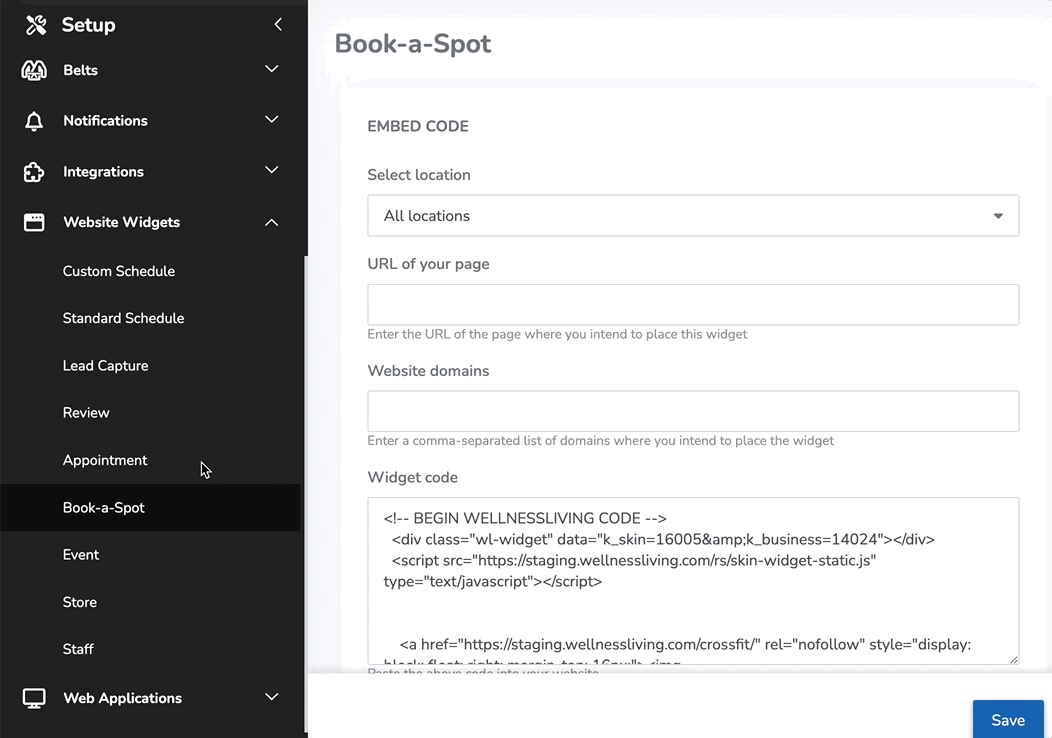 An animation of the Book-a-Spot Widget setup screen.