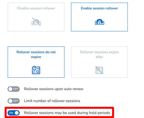 A screenshot of the Rollover sessions may be used during hold period settings for Purchase Options.