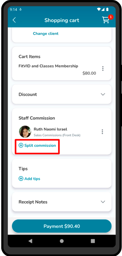 A screenshot of the split commission option on the Elevate Staff App. 