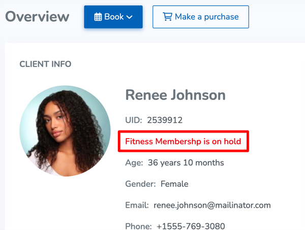 A screenshot of a client's profile who has a Purchase Option on hold.
