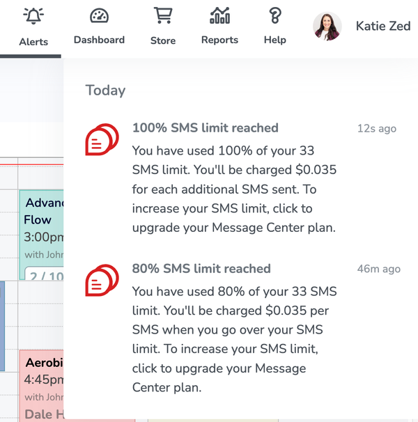 A screenshot of the new alert that shows when a business has used 80% and 100% of their sms messages.