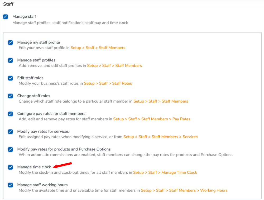 A screenshot of the staff permission to manage the time clock.