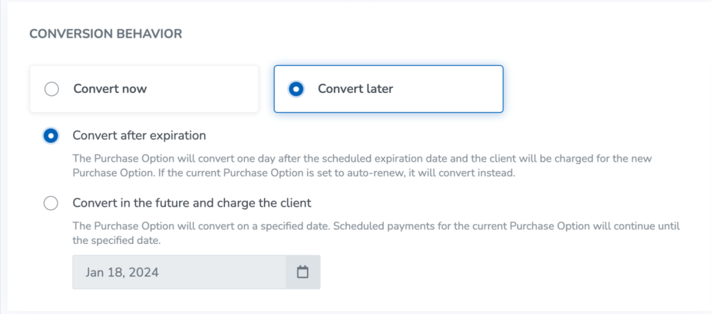 A screenshot of the Purchase Options conversion settings.