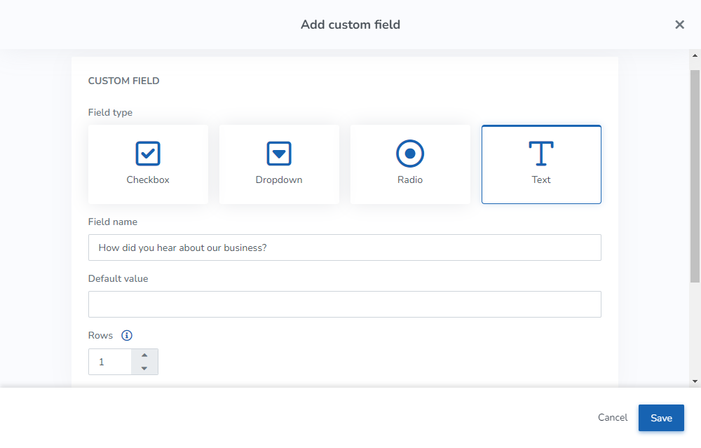A screenshot of the Add custom field screen for creating new client profile fields.