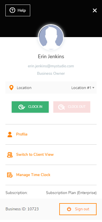 The user menu for a staff member in the browser version of WellnessLiving.