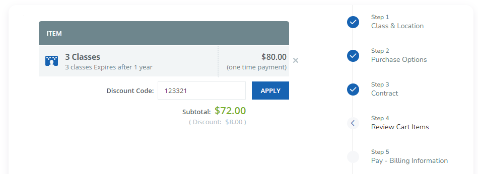 A screenshot of the booking flow in the Client Web App with a discount code applied to the new Purchase Option. 