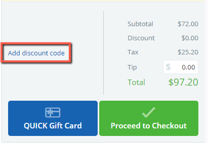 A screenshot of the summary section of the cart with the link to add a discount code.