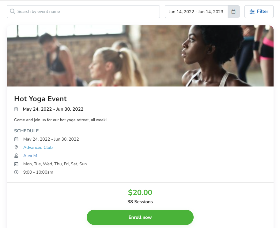 An example of a hot yoga event in the Event Widget.
