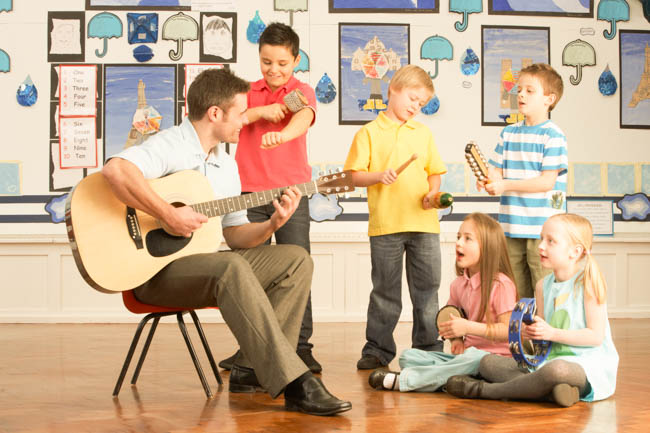 music school branding, guitar teacher with kids