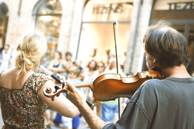 Music School Promotion, Performers playing instruments for the public