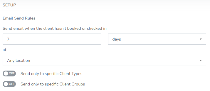 The email send rules for a retention template.