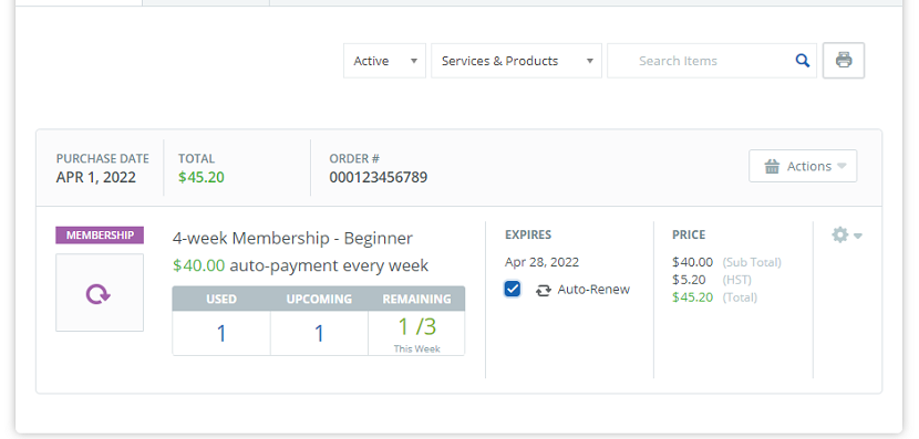 Membership details on the Client Web App.